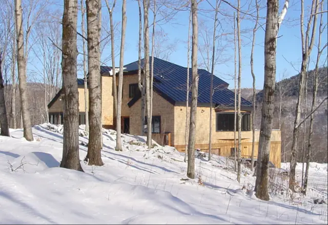 Dark-roofed home among birch trees in winter